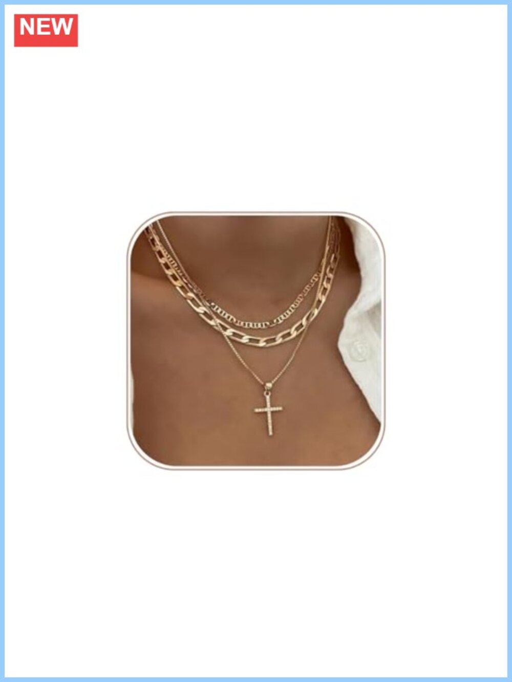 14K Gold Plated Layered Necklace Set Cross Pendant 3 Piece